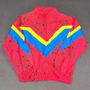 Vintage Red Windbreaker Jacket With Colorful Chevron Design In Blue & Yellow Spl